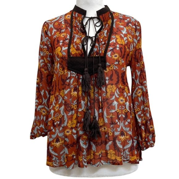 Line & Dot Copper Floral Printed Tassel Neckline 3/4 Sleeve Peasant Blouse - Picture 1 of 10